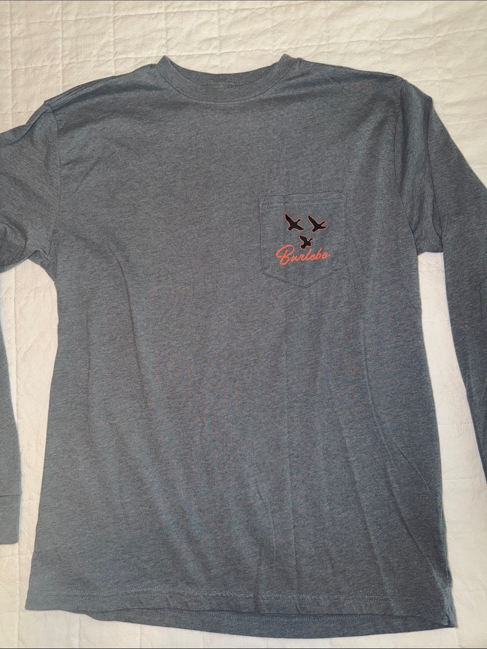 BURLEBO Men's Long Sleeve Pocket Tee in Heather Slate with Orange Logo